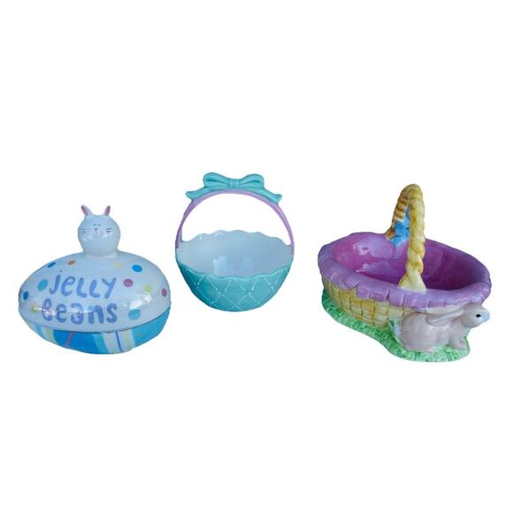 Lot of 3 Ceramic Easter Candy Dishes 2 Baskets and 1 Jelly Bean Lid Dish Bundle - Picture 1 of 16
